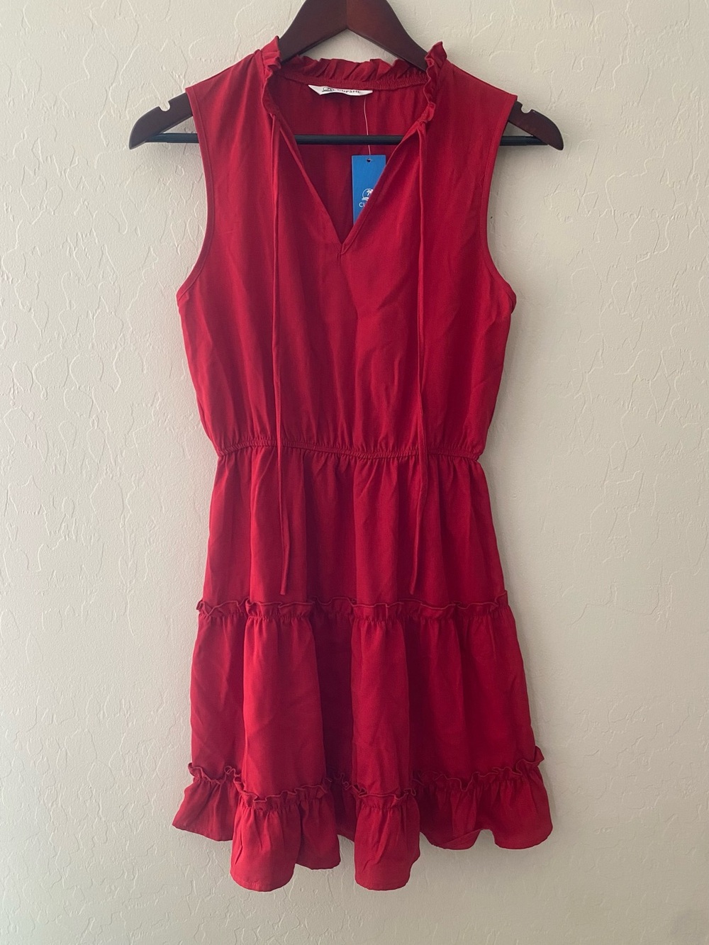 NWT Cupshe Red Sleeveless Tiered Ruffle Mini Dress XS V-Neck Sundress Vacation⁠